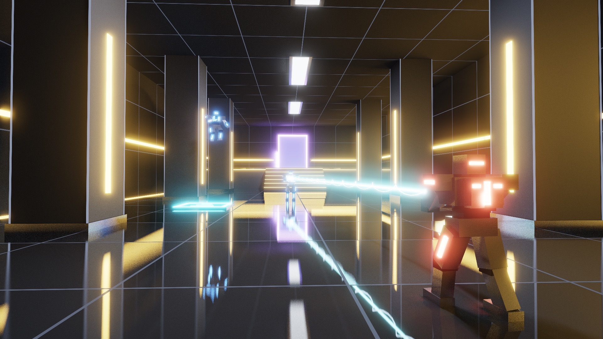 Neon Étude concept art: machines fighting in a graphite hall with amber lights and a cyan rail shot